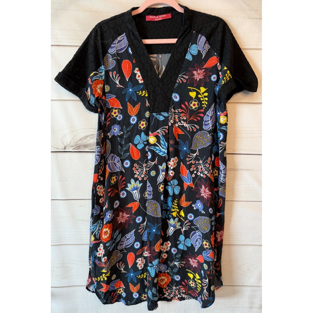 Marina Sport Marina Rinaldi Floral Eyelet Lace V-Neck Shift Dress Black Multi 6